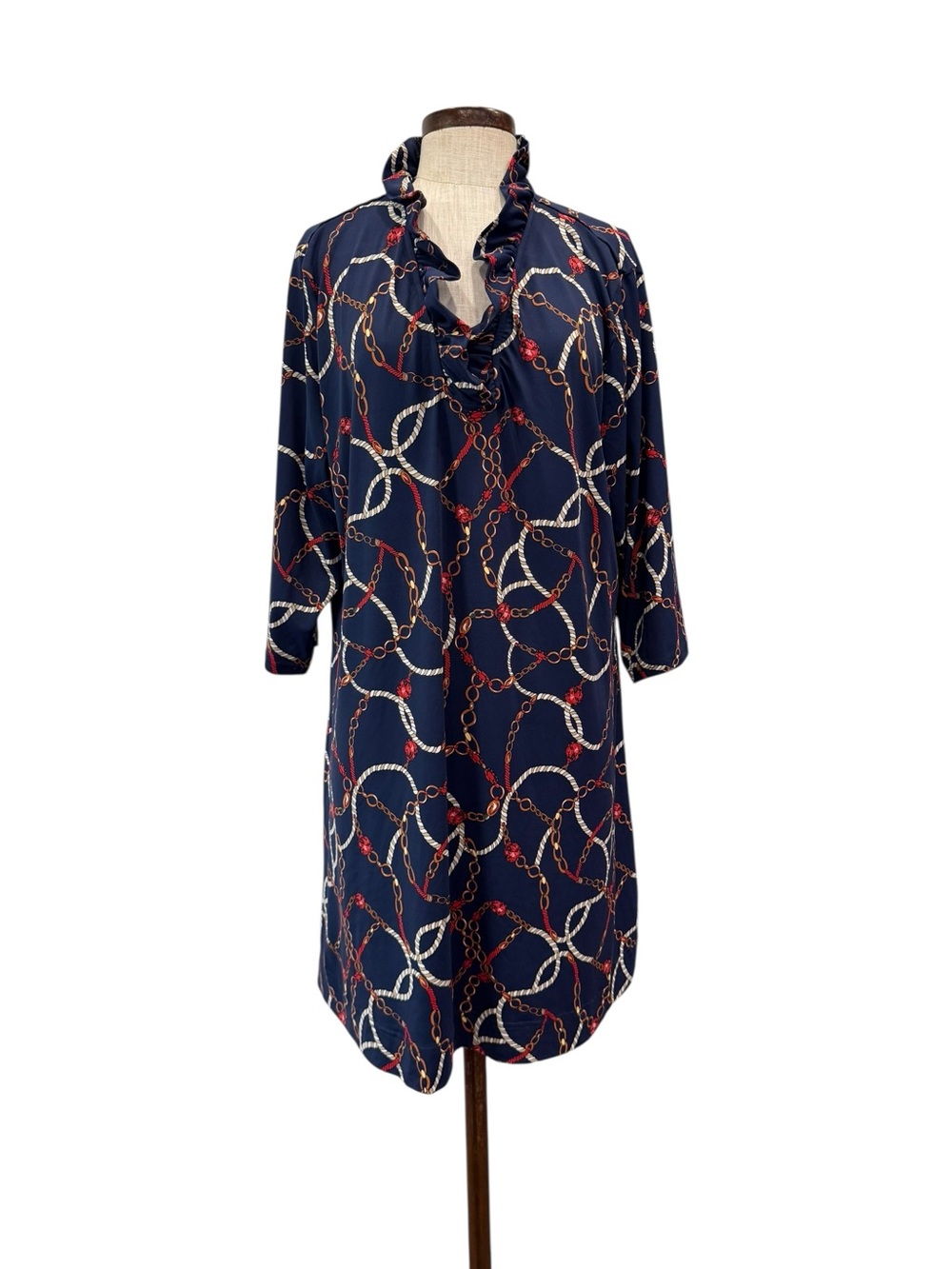 Lulu B navy chain print ruffle neck dress
